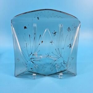 Ricco Art Glass Dish Smoked Blue Gold Atomic Starburst Mid Century Modern Signed